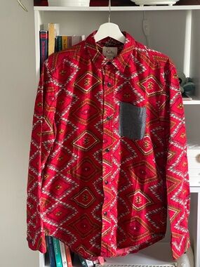 Koto Men's Red Geometric Print Button-Down Shirt with Contrast Pocket